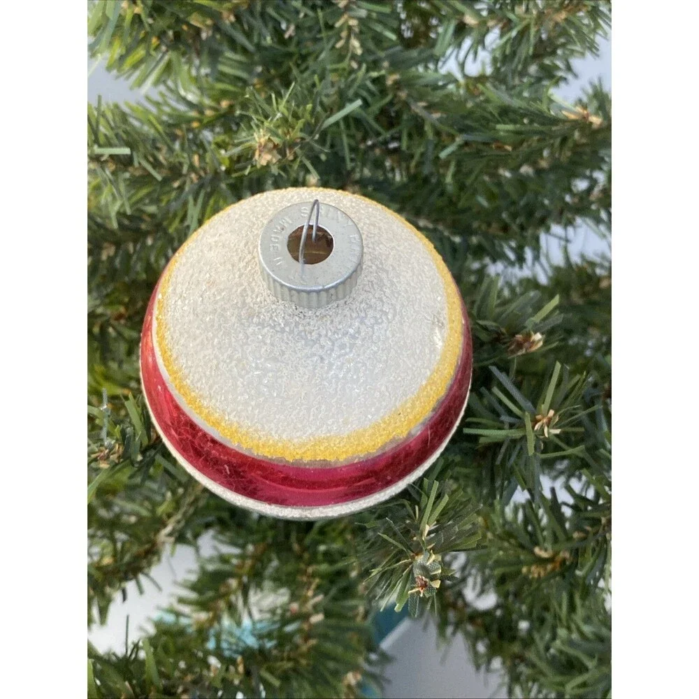 Vintage Christmas Shiny Brite Mica Striped Glass Ornament Ball Red Blue Yellow